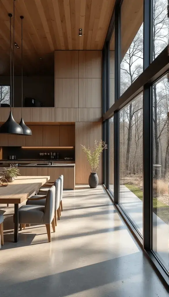Interior de una casa de madera con eficiencia energética A+ y ventanales de alta prestación